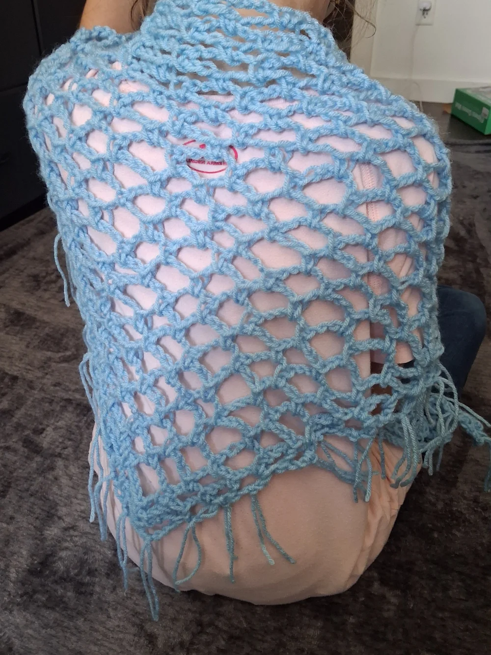 New Handmade Crocheted Blue Multipurpose Scarf, Shawl, Wrap- Fringe-One Size